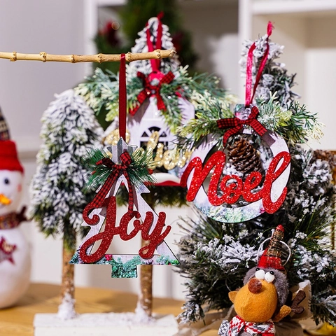 Nordic Style Christmas Wooden Hanging Ornament Glitter Letter Sign Believe Joy Noel Festive Wall Decor For Holiday Home