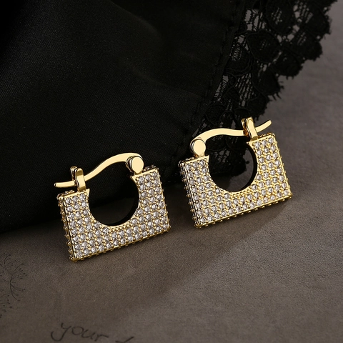 Retro Geometric Hoop Earrings Copper Real Gold Plated Zircon Pave Irregular Rectangular Bag Shape Fashion For Women