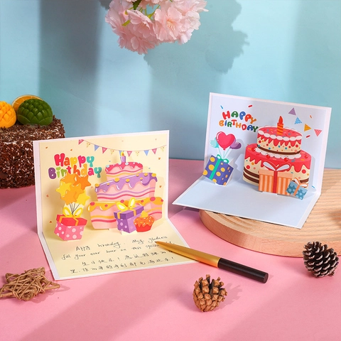 3D Pop-up Birthday Greeting Card Paper Cute Cartoon Bear Rabbit Cake Design Folding Blessing Gift Card For Kids Friends