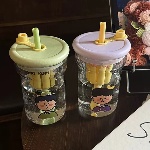 High Borosilicate Glass Straw Cup Heat Resistant With Tea Filter Cartoon Portable Drinkware For Office Coffee Fruit Tea