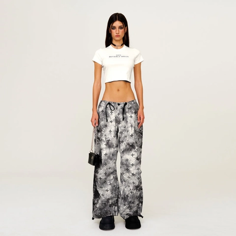 Women Cargo Pants Tie Dye Streetwear Cotton Loose Wide Leg Trousers With Cross Print And Adjustable Drawstring Cuffs