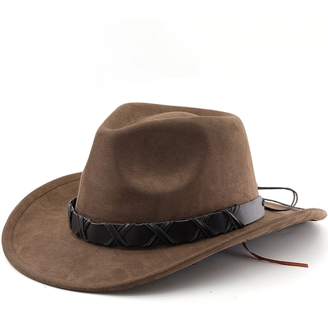 Western Cowboy Hat Wide Brim Faux Suede Fedora Braided Leather Band Adjustable Sun Protection Vintage Outdoor For Men Women