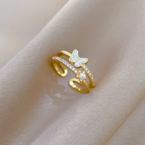 Anillo Ajustable De Mariposa Elegante Latón Concha Diamantes De Imitación Perla Artificial Joyería De Dedo Para Mujer