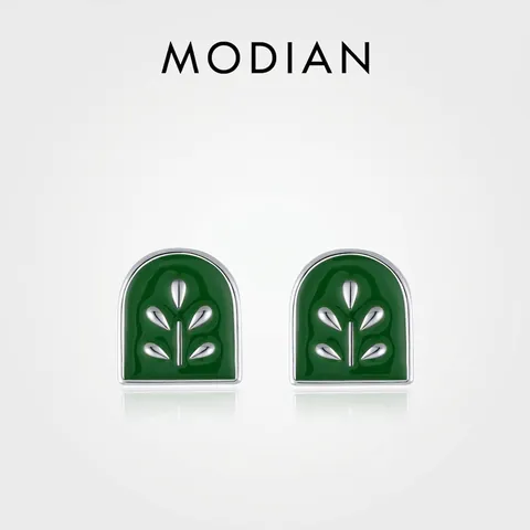 925 Sterling Silver Green Enamel Plant Leaf Stud Earrings Arch Shape Vintage Elegant Minimalist Jewelry For Women