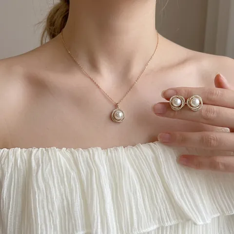 Imitation Artificial Pearl Zircon Pendant Necklace And Earrings With Silver Earring Post Gold Plated French Retro Jewelry For Women