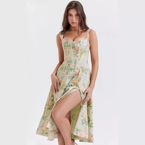 Abito Midi Floreale In Polie-stere Con Corpino A Corsetto E Spacco Alto Elegante Abbigliamento Da Festa Estiva Per Donna