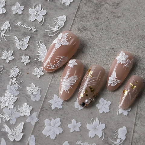 Autocollants Ongles Papillon Blanc Fleur 5D Gaufré 3D Relief Décalcomanies Auto Adhésives PET Décoration Manucure DIY