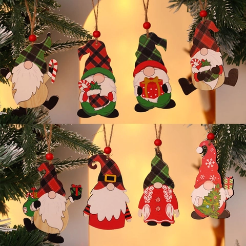 Christmas Wooden Gnome Ornaments Plaid Hat Hanging Pendants For Holiday Tree Decoration Rudolph Gnomes Festive Crafts