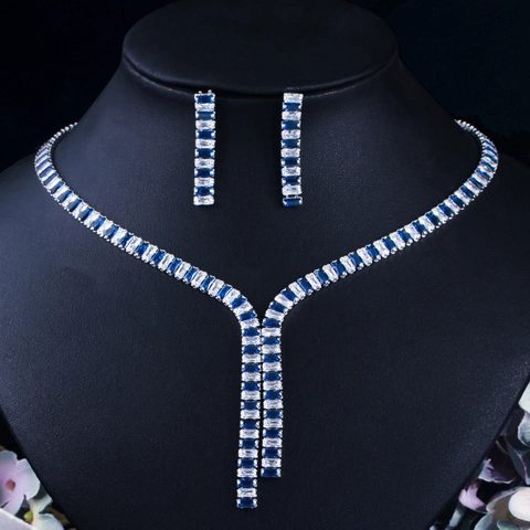 Baguette Zirconia Bruidsketting En Oorbellen Luxe Koperen Sieraden Voor Bruiloft Banket Avondjurk Accessoires Dames