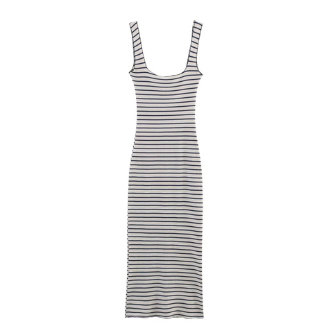 Sleeveless Striped Knit Maxi Dress Slim Fit Bodycon Ribbed Polyester U Neck Casual Elegant Fashion Long Dress