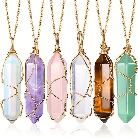Hexagonal Prism Natural Crystal Point Pendant Necklace Wire Wrapped Gemstone Healing Bohemian Fashion Jewelry For Women