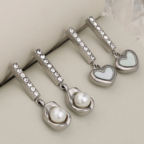 Orecchini Pendenti Eleganti Acciaio Inossidabile Strass Perla Artificial Imitazione Cuore Arachide Conchiglia Gioielli Moda Donna