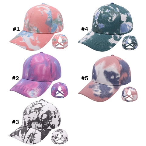 Berretto da Baseball Donna Tie Dye con Coda di Cavallo in Cotone Regolabile con Banda Elastica Incrociata Protezione Solare
