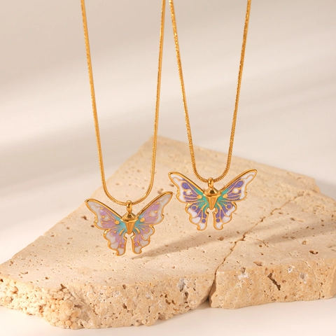 Collier Pendentif Papillon Acier Inoxydable Émail Rétro Style Français Luxe Élégant Bijoux Pour Femmes Chaîne Serpent