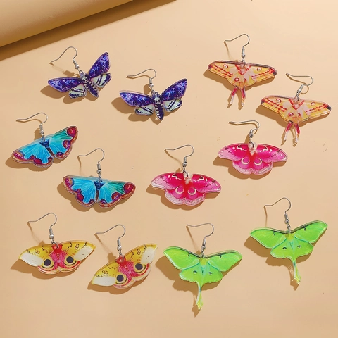 Vintage Colorful Acrylic Butterfly Moth Drop Earrings Alloy Hook Sweet Cool Gradient Animal Wings Jewelry For Women