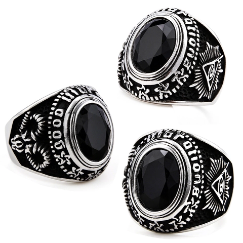 Heren Vintage Zegelring Titanium Roestvrij Staal Met Zwarte Edelsteen Oog Van De Voorzienigheid Horus Symbool Gothisch Punk