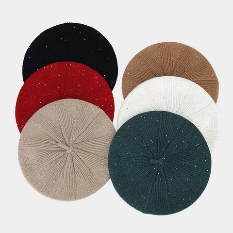Boina De Punto Con Lentejuelas Mujer Pelo De Conejo Cálida Invierno Estilo Retro Francés Artista Gorra Calabaza Color Sólido Suave