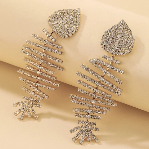Exaggerated Fishbone Drop Earrings With 925 Sterling Silver Earring Post Alloy Full Rhinestone Hip Hop Jewelry For Women