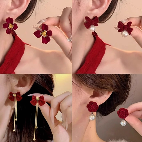 Orecchini Pendenti Fiore Fiocco Velluto Rosso Con Perno In Argento Sterling 925 Gioielli Natalizi Per Donna