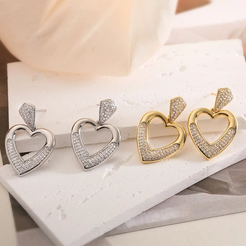 Orecchini Pendenti Cuore Cavo Rame Placcato Oro Micro Pavé Zircone Gioielli Di Moda Per Donne