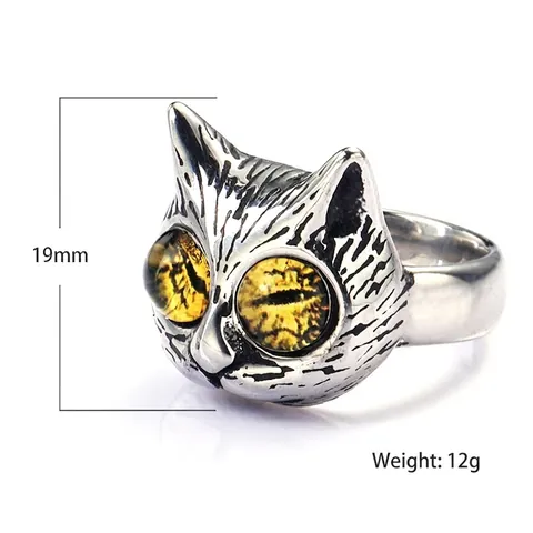 Vintage Cat Head Ring Titanium Steel Gothic Punk Distressed Animal Jewelry With Colored Gemstone Eyes For Men Women