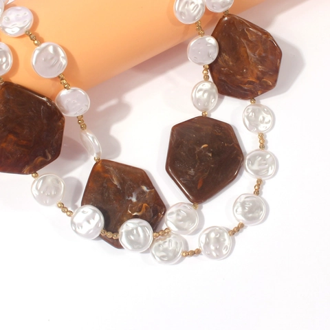 Vintage Bohemian Double Layer Necklace For Women Irregular Resin Stone And Artificial Pearl Chunky Chain Statement Jewelry