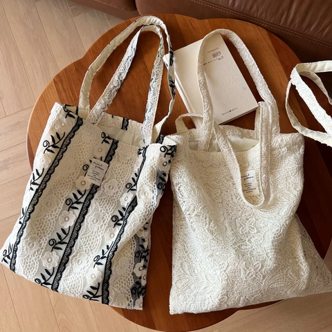 Bolso Tote De Encaje Bordado Vintage Francés Mujer Gran Capacidad Lona De Algodón Calado Floral Romántico Bolso De Hombro