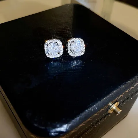 Square Halo Zircon Stud Earrings With Silver Earring Post Copper Geometric Niche Design Individual Style For Women