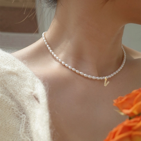 Vintage Artificial Pearl Necklace With DIY Alphabet Letter Pendant Stainless Steel Gold Plated Zircon Clavicle Chain For Women