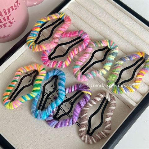 Handmade Wool Yarn Wrapped BB Hair Clips Colorful Rainbow Striped Snap Clips Sweet Cloud Shape Hairpin For Women Girls