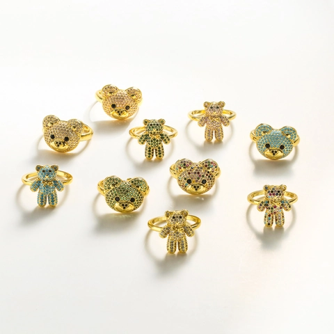Cute Sweet Copper Teddy Bear Colorful Zirconia Open Ring For Women Adjustable Fashion Animal Jewelry Gift