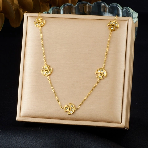 Collana E Orecchini Con Ciondolo Stella Luna Con Strass Gioielli In Acciaio Inossidabile Placcato Oro Per Donna Squisiti Accessori Moda