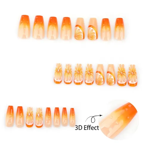 Press On Nails 3D Orange Fruit Design Gradient Orange Coffin Fake Nails With Water Drops Summer Style For Women