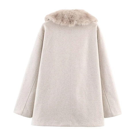 Dames Jas Met Wollook Met Kraag Van Kunstbont Dubbele Rij Knopen Losse Pasvorm Halflange Jas Casual