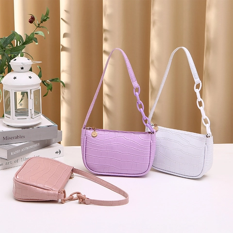 Women Crocodile Pattern PU Leather Underarm Shoulder Bag Fashion Croc Embossed Chain Decor Retro Hobo Baguette Bag