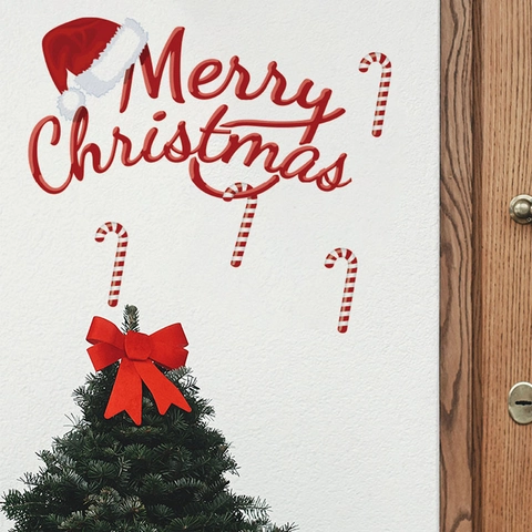 Merry Christmas Wall Sticker PVC Self Adhesive Santa Hat Candy Cane Pattern Holiday Home Window Door Decor
