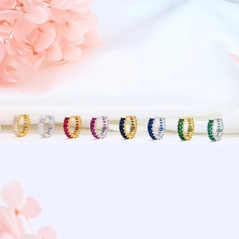 Baguette Geslepen Kleurrijke Zirkonia Hoop Oorbellen 925 Sterling Zilveren Geometrische Huggie Sieraden Voor Dames