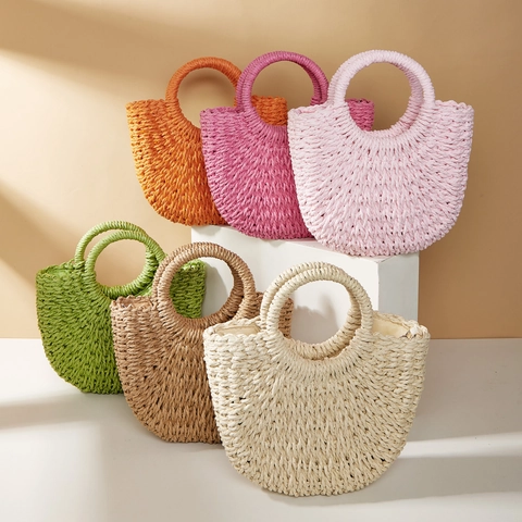 Women Woven Handbag Crescent Straw Paper Bag Semicircle Top Handle Crossbody Purse For Summer Beach Vacation
