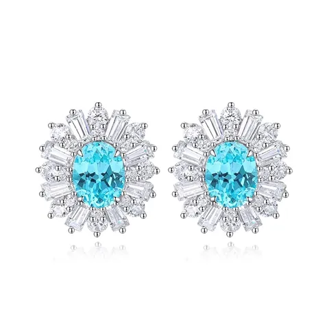 Lussuosi Orecchini a Bottone in Argento Sterling 925 con Gema Paraiba Blu Artificiale Eleganti Orecchini Floreali con Strass Donna
