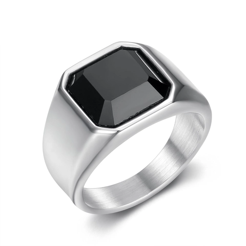 Anello a Sigillo da Uomo in Acciaio al Titanio Pietra Nera Superficie Larga Interno Spazzolato Design Ottagonale Gioielli