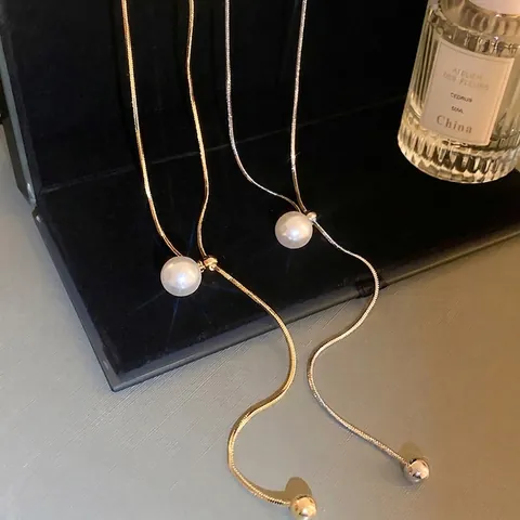 Collana Regolabile a Forma di Y in Rame con Perla Sintetica per Donna Catena a Serpente Gioielli Eleganti da Pendolare