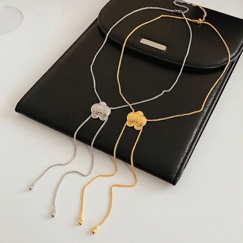 Collar Lariat De Flor Cobre Chapado En Oro Zirconia En Forma De Y Ajustable Cadena Larga De Suéter Joyería Elegante Mujer