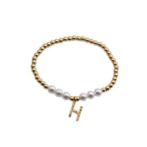 Alphabet Pendant Copper Bead Bracelet White Imitation Artificial Pearl Rainbow Zircon Handmade Elastic Fashion Jewelry For Women