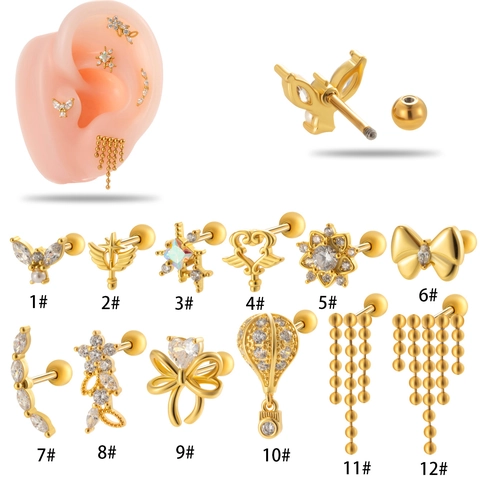 Boucles Oreilles Cartilage Cuivre Acier Inoxydable Zircon Papillon Fleur Noeud Coeur Étoile Bijoux Piercing Femme