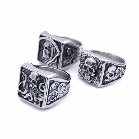 Gothic Punk Skull Ring For Men Vintage Titanium Stainless Steel Grim Reaper Rose Octopus Embossed Distressed Jewelry