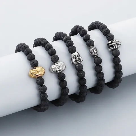 Buddha Head Lava Stone Beaded Bracelet Stainless Steel Retro Punk Yoga Meditation Ethnic Style For Men