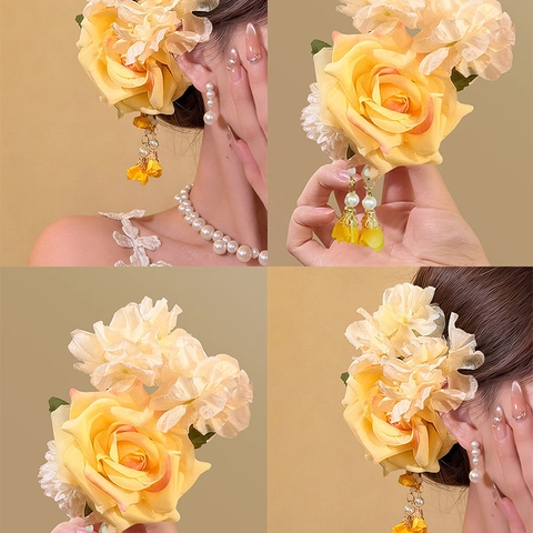 Molletta Per Capelli Fiore In Tessuto Rosa Nappa Fatta A Mano Perla Artificial Stile Cinese Fermaglio A Becco D'anatra Elegante Per Donne