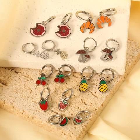 Fruit Food Pendant Hoop Earrings Stainless Steel Antiallergic Enamel Fashion Jewelry For Women Girls