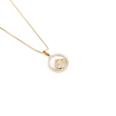 Collar Con Colgante De Concha Cobre Zircón Incrustado Amuleto Redondo Cadena Caja Joyas Chapadas En Oro Para Mujeres
