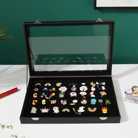 Badge Display Case Brooch Storage Box Wooden Glass Lid Dustproof Medals Collection Jewelry Organizer Pin Showcase